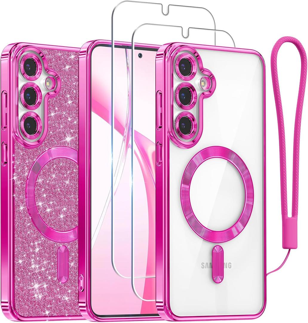 Meifigno Case Designed for Samsung Galaxy S25 6.2 inch, [Compatible with MagSafe] [2X HD Screen Protectors] [Glitter Card & Wrist Strap] Surround Lens Protection Case for Samsung Galaxy S25, Hot Pink
