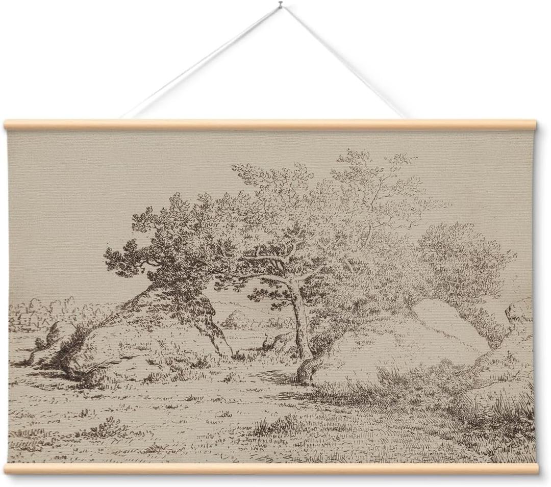 VIYYIEA Extra Large Canvas Wall Art, 36x54 Inch Vintage Landscape Sketch, Neutral Antique Nature Wall Decor for Living Room or Bedroom, Above Sofa (Dancing Tree Shadows)