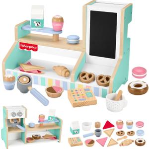 Fisher-Price Wood Pretend Play Coffee Shop & Toy Register, 20-Piece Wooden Food Playset for Preschool Kids Ages 3+ Years