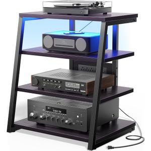 AV Media Stand with Outlets, Stereo Stands and Racks with Vinyl Storage, Stereo Stand with Record Storage, Audio Stereo Rack Cabinet, Turntable Console Stand with LED lights, 4 Tiers, Black Ebony