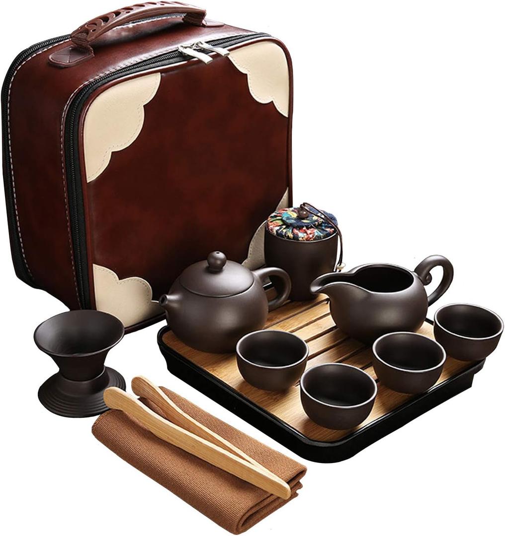 Travel Tea Sets 12 PACK Ceramic Teapot, Chinese Tea Pot Cup Set with Tray Infuser,Purple Clay Teapot,Teacups,Tea Canister,Bamboo Tray in One Tea Gift Bag for Outdoor Home Business (Brown)
