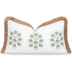 Hofdeco Premium Coastal Patio Indoor Outdoor Lumbar Pillow Cover Only, 12"x20" Water Repellent for Backyard, Couch, Green Embroidered Floral with Fringe