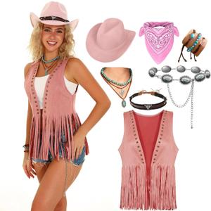 Womens Western Cowgirl Costume Cowboy Outfits Tassels Fringe Vest Hat 7pcs Set, Size: Small