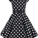 Kids 1950s Dresses for Girls Vintage 50s Style Polka Dot Dress Retro 50's Audrey Hepburn Rockabilly Party Swing Dress + Belt (Black, L)