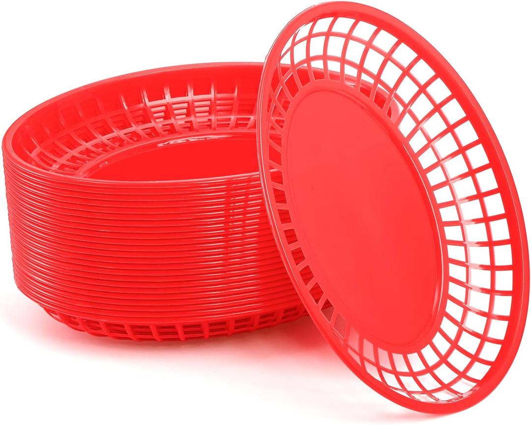 Kingrol 24 Large Fast Food Baskets, 11.8 x 8.75 x 1.75 Inch, Red - Oval Plastic Food Serving Baskets for Restaurant, Home Kitchen, Office, Party, Picnic