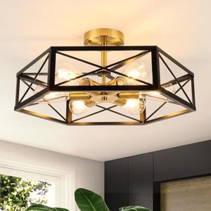 WILON Industrial Semi Flush Mount Ceiling Light, 19.68" Dining Room Light Fixture Farmhouse 6-Light Kitchen Lighting Fixtures Ceiling Mount Black and Gold Light Fixture for Hallway Kitchen Foyer