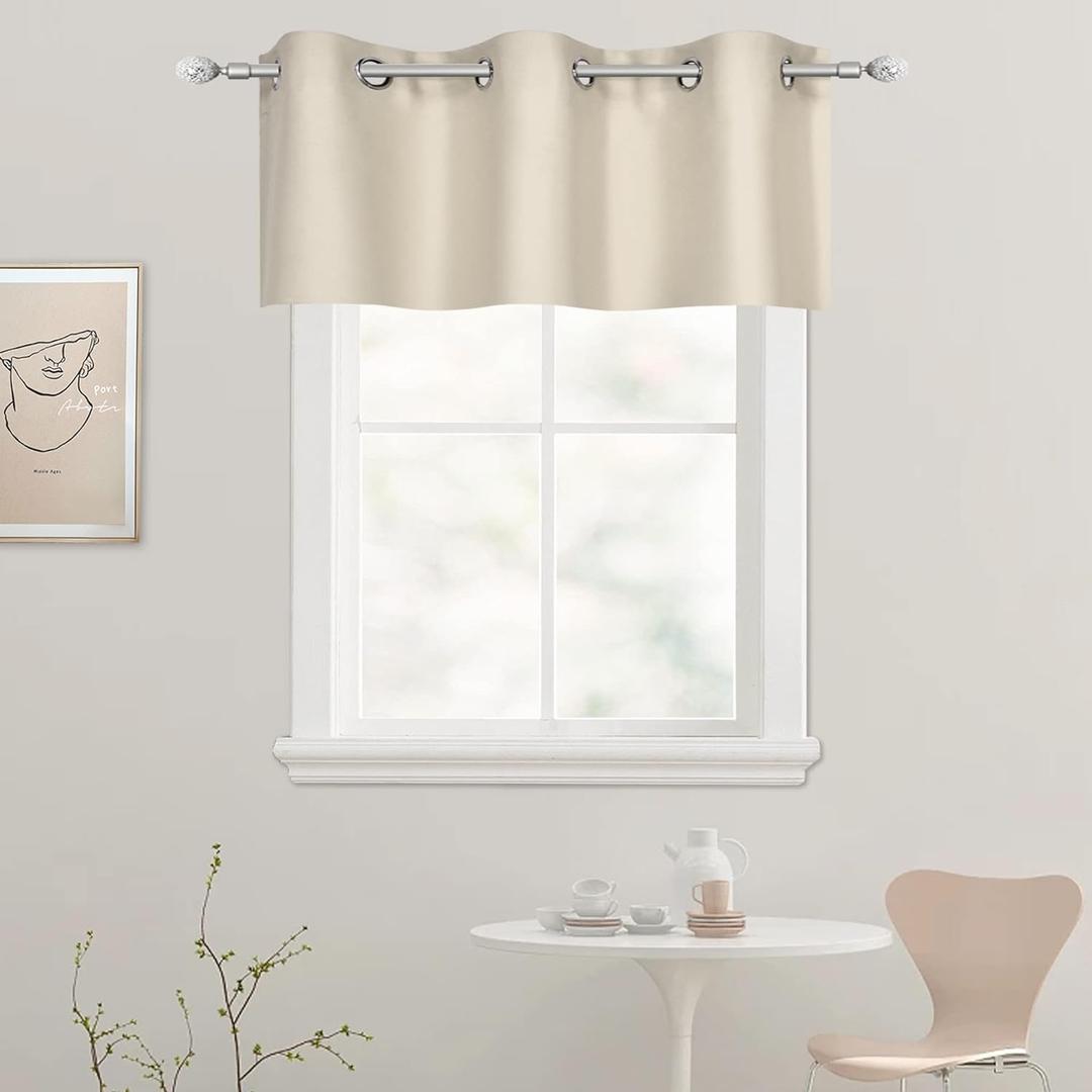 DECOVSUN Solid Grommet Top Cream Beige Valance for Kitchen Blackout Curtain Valance for Living Room Short Straight Drape Valance for Bedroom Kids Room 42 Inch Wide by 18 Inch Long 1 Panel