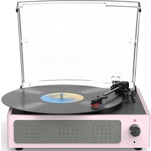WOCKODER Record Players for Vinyls Turntable with Speakers Belt-Driven Turn Tables LP Phonograph Support 3-Speed Full Size Bluetooth Wireless Playback Headphone AUX RCA Line New Sleek Pale Light Pink