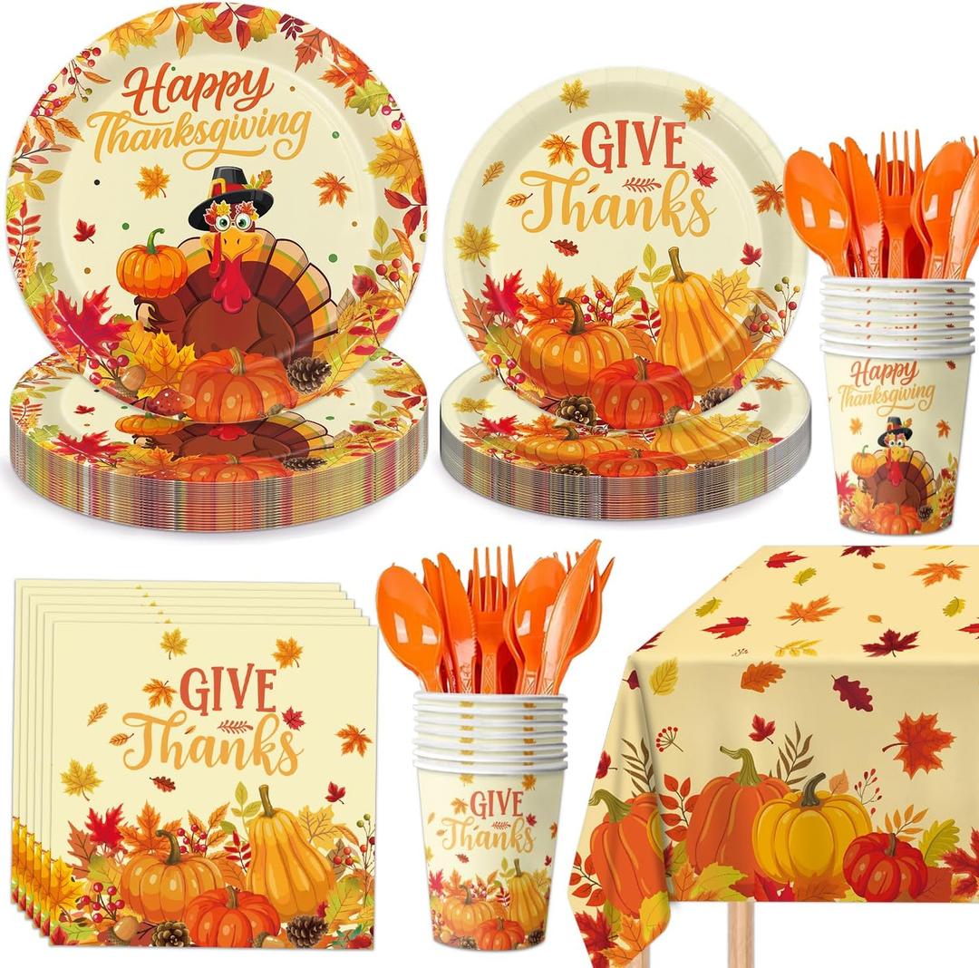 Oigco Thanksgiving Party Supplies Kit - Turkey Dinnerware Includes Plates, Napkins, Cups, Cutlery, Tablecloth for Autumn Thanksgiving Party Decorations, Serves 20