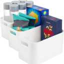 STORi Plastic Storage Bins, Set of 3 White Organizers, Pantry Storage Containers, Home Organization Must Haves for Kitchen, Laundry, Office, Closet, 10" x 6" Made in USA