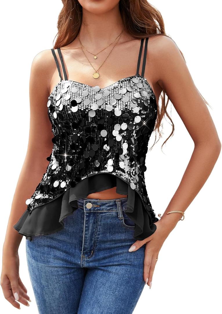 HomRain Women's Sexy Sequin Tops V Neck Strappy Casual Glitter Sparkly Camisole with Ruffle Party Sleeveless Tank Tops (Black) S