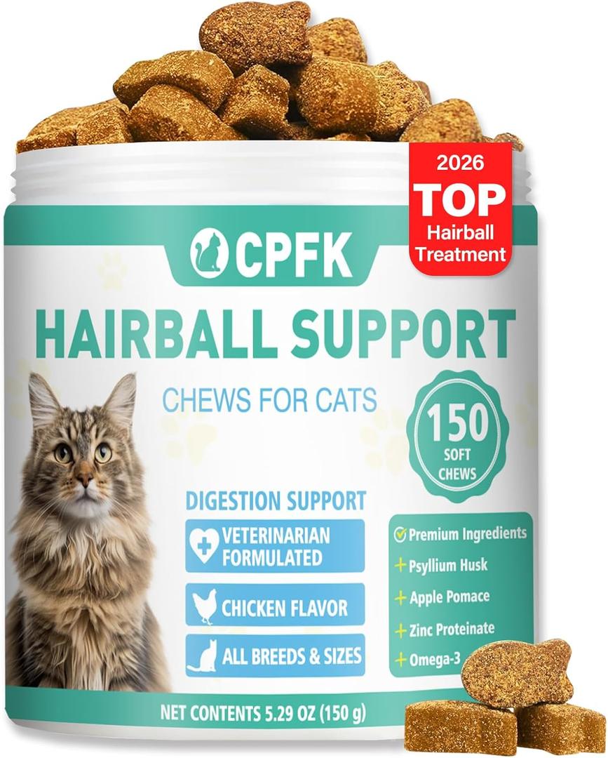 Cat Hairball Remedy Treats, 150 Soft Chews Cat Hair Ball Treatment Furball Control Relief Helps Eliminate and Prevent Hairballs for Indoor Cats Supports Skin and Coat Digestion Chicken Flavor (Exp Date: 11/10/2027)