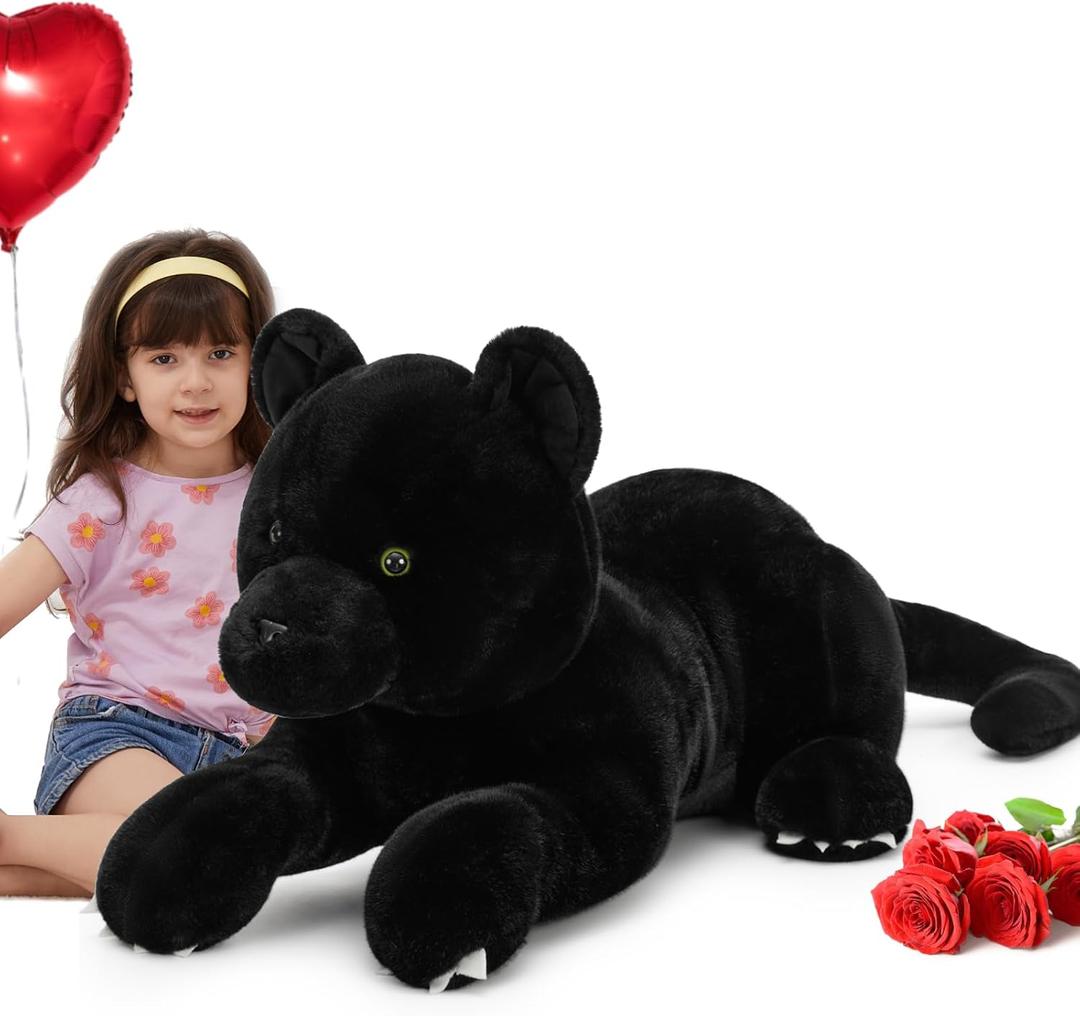 MorisMos Giant Black Panther Stuffed Animal Pillow, 30" Extra Large Stuffed Black Panther Toy for Kid & Adult, Realistic Big Safari Animal Jaguar Plush for Christmas Birthday Jungle Party Decor