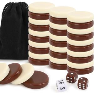 Premium Ceramic Game Pieces Set - 30 Versatile Pieces for Checkers, Chess Pieces only, Backgammon Pieces only, dice & More - Smooth Finish, Durable for Checkers Board Game (32MM, Brown and Off-white)
