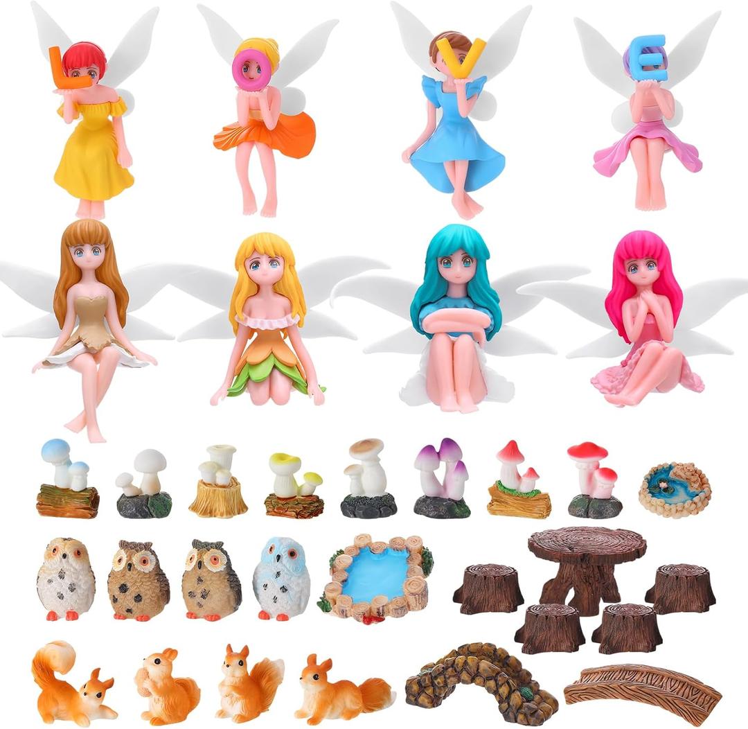 33 Pcs Fairy Garden Accessories Miniatures Garden Kit with Resin Fairies, Mushroom House & Bridge Miniature Accessories for Terrarium, Dollhouse & Outdoor Decor (Multicolor)
