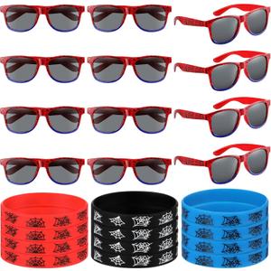 Kingdder 24 Pcs Spider Web Sunglasses and Silicone Wristbands Bracelets Spider Birthday Theme Party Favors Black Red Blue Party Decorations Supplies Gifts (Classic)