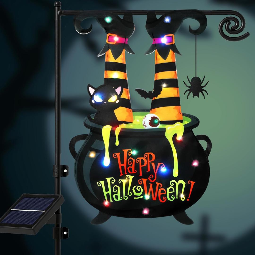 Halloween Lighted Garden Flag 12x18 Inch Witch Feet Shaped Flags 8 Modes Double Side LED Solar Yard Flags Cauldron Eyeball Black Cat Decorations for Garden Patio Yard Lawn Outside Home Decor
