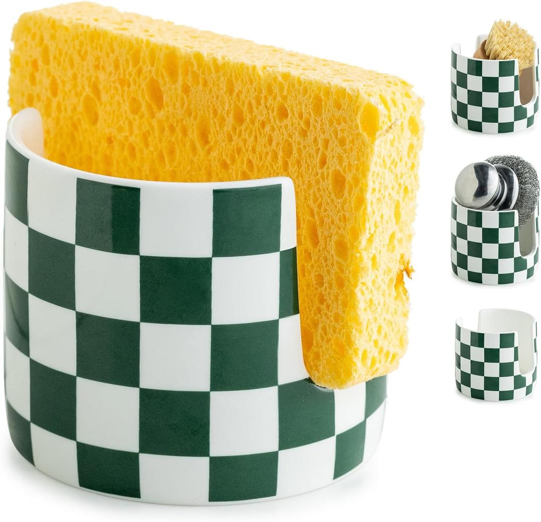 Zoeeker Ceramic Kitchen Sponge Holder, Dish Sponge Holder Suitable for Scrubby Farmhouse Dish Rack Brush Holder for Christmas Bathroom, Kitchen, Sink, Green and White (Cylindrical)