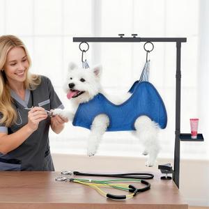Dog Grooming Table Arm with Clamp (33"-43") | Extendable, Foldable Stand & Restraint with Grooming Hammock, No-Sit Rope, Tray & Bag | for Small/Medium Dogs at Home & Salon