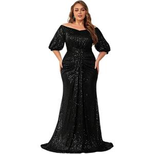 Women's Plus Size Off Shoulder Puff Sleeve Sequin Formal Maxi Dress Evening Party Gowns (3X-Large, Black)