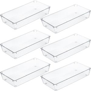 Kingrol 6 Pack 12 x 6 x 2 Inch Clear Drawer Organizer Trays, Desk Drawer Divider Storage Bins, Storage Box Set for Utensils Junks Vanities Makeups Jewelry Office Craft Supplies