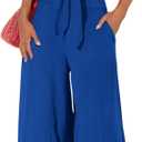 PRETTYGARDEN Women's Summer 2 Piece Outfits 2025 Cap Sleeve V Neck Belted Crop Tops Wide Leg Pant Sets Casual Tracksuit (Solid Blue), XL