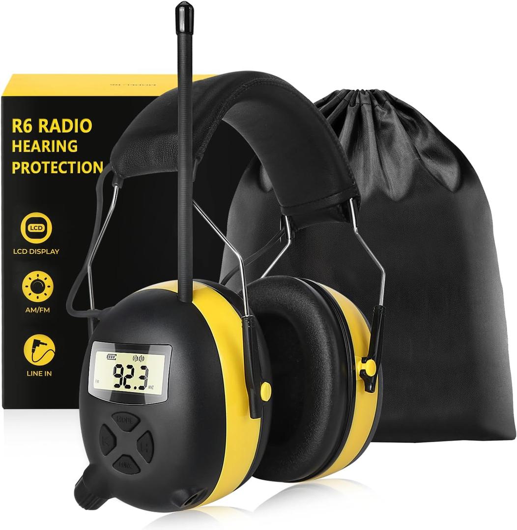 BJKing AM/FM Radio Headphones with Digital Display, 30dB AM FM Hearing Protection Safety Ear Muff, Ear Protection Headphone for Mowing, Landscaping, Shooting and Construction Black-Yellow, One Size