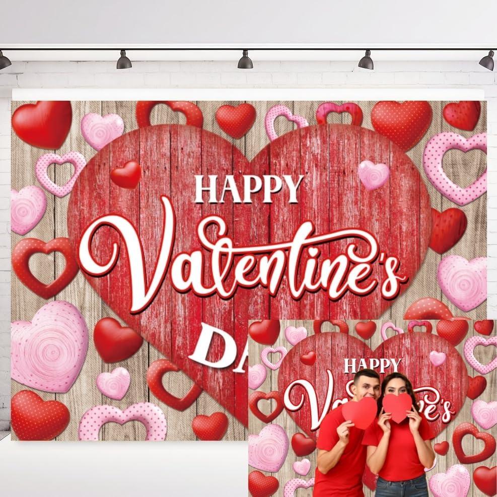 INRUI Happy Valentine's Day Photography Backdrop Rustic Wood Red Love Heart Valentine's Day Theme Bridal Baby Shower Party Decorations Banner (7x5FT)