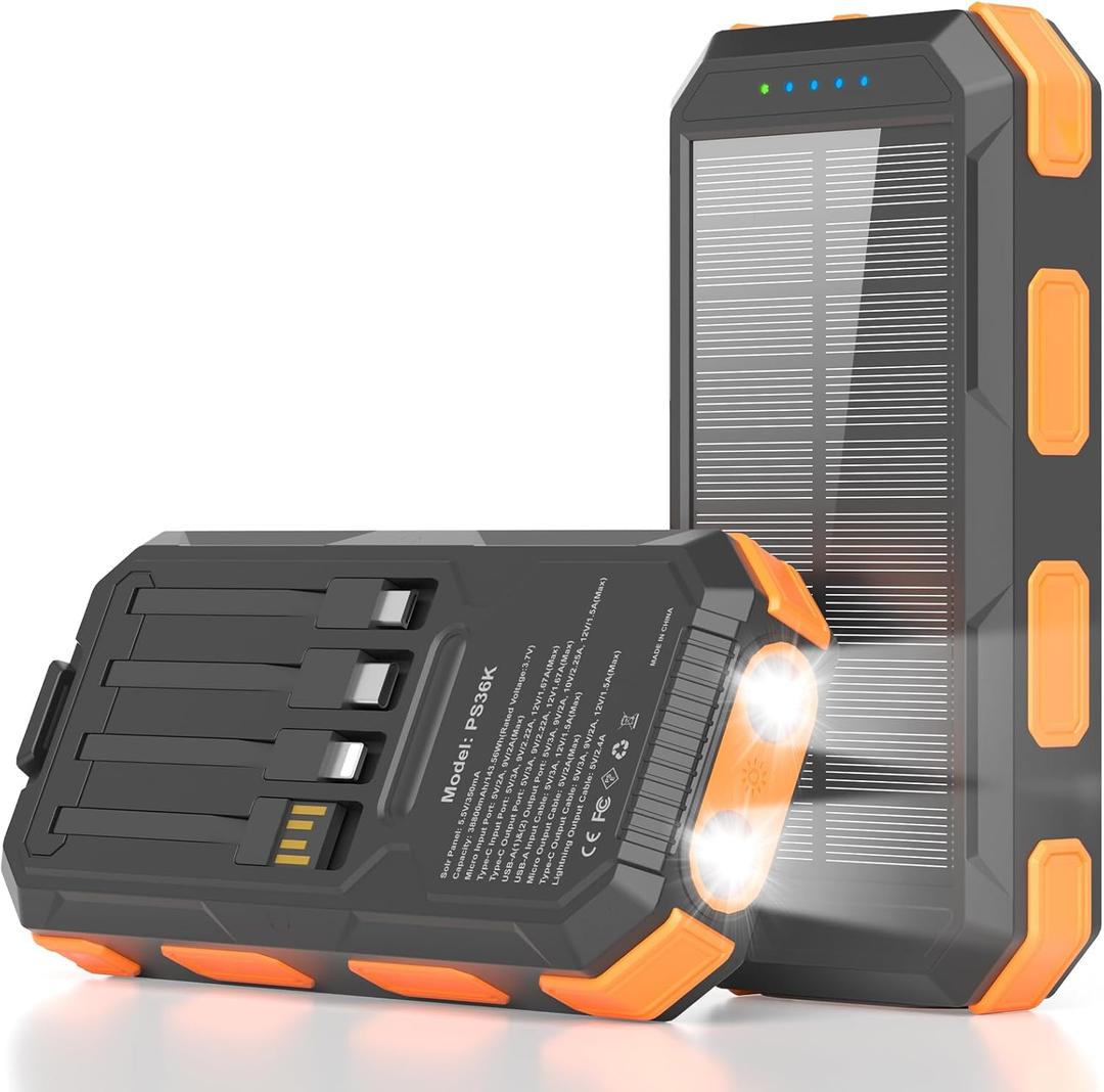 Solar Charger Power Bank 38800mAh, PD 22.5W USB-C Fast Charging Portable Charger with 4 Built-in Cables, External Battery Pack with Dual LED Emergency Flashlights for Camping, Hiking, Outdoor Use