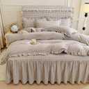 mixinni Vintage Ruffle Tan Gingham Comforter Set 3-Piece Washed Cotton Queen Beige Grid Bedding Set with Taupe Geometric Checkered Pattern, Farmhouse Chic Soft Fluffy Comforter for All-Season