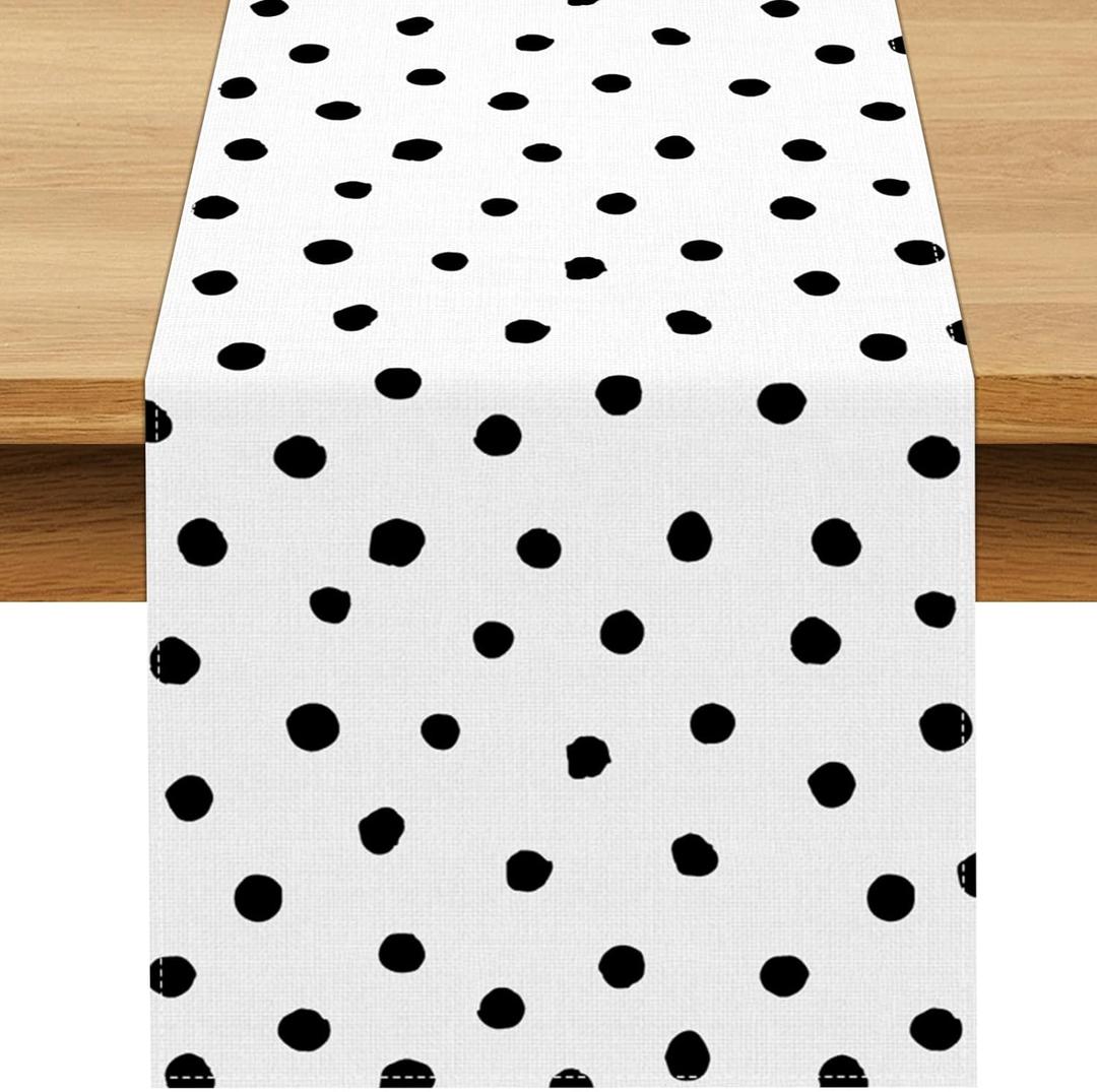 Black Polka Dot Print Table Runner Painted Dots Picnic Wedding Birthday Tea Party Decoration Modern Minimalist Home Kitchen Table Decor 72inches (13" x 72")