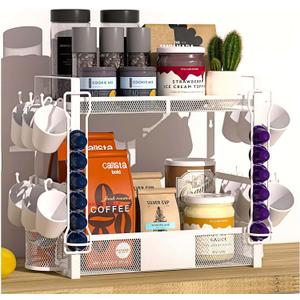 Coffee Mug Holder Bar Organizer - 2 Tier Coffee Cup Holder for Countertop, Multifunction Coffee Station Organizer with 12 Hooks, 2 Coffee Pod Holder, 2 Coffee Spoon Holder, for Kitchen, Office