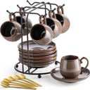 LYEOBOH 3 Ounce Espresso Cups and Saucers Set of 6, Ceramic Small Coffee Cups with Metal Holder and Spoons, Cute Demitasse Cups for Tea, Espresso, Latte, Cafe Mocha, Brown