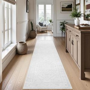 Uphome Long Washable Runners for Hallways, 2x8 Boho Entryway Runner Rug Non Slip, Farmhouse Soft Bedroom Runner Rugs Low Pile, Non Shedding Carpet Runner for Hallway Kitchen Bathroom, Light Grey