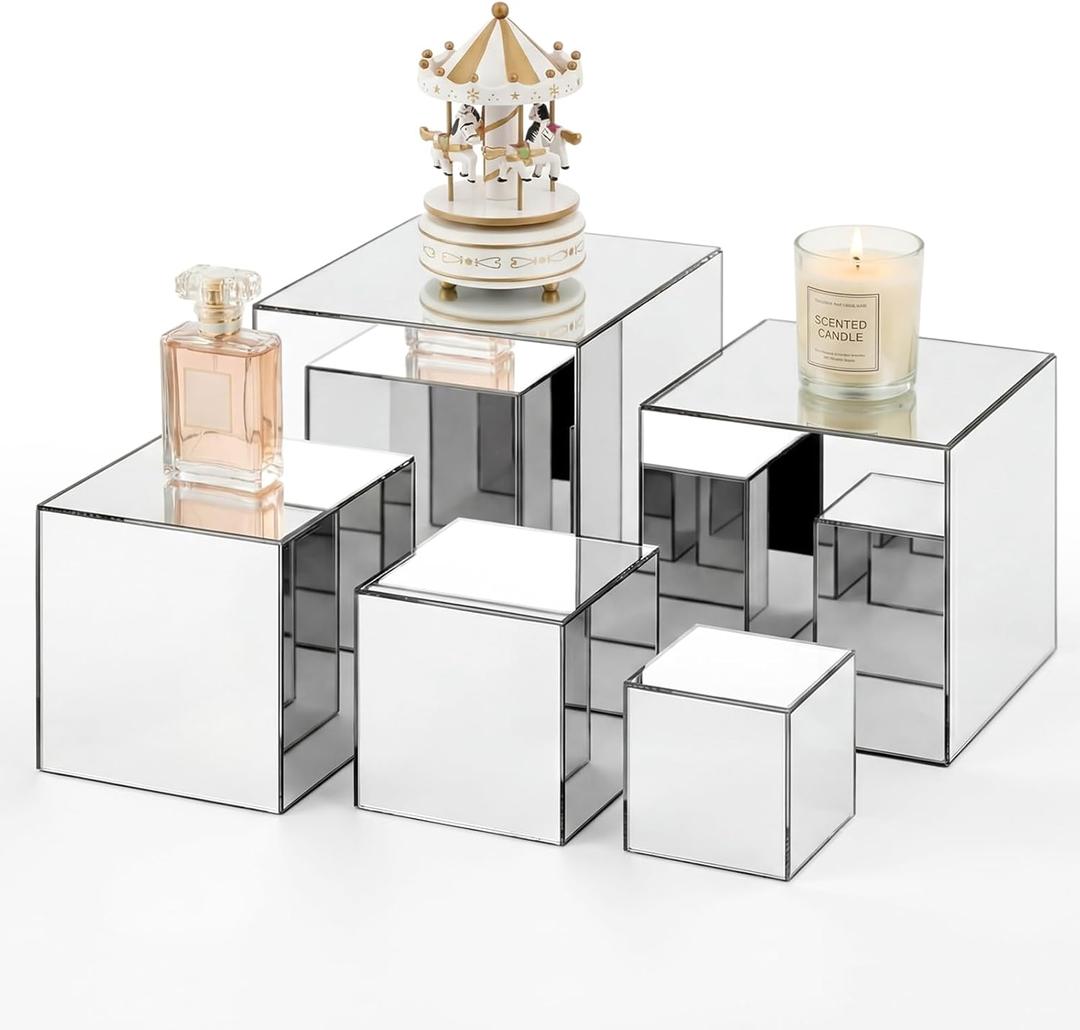 Geetery Set of 5 Silver Acrylic Mirrored Display Buffet Risers with Hollow Bottom Acrylic Cube Stand Boxes for Display Dessert Table Stand for Catering Collectibles Jewelry Decor(3, 4, 5, 6, 6.5 Inch)