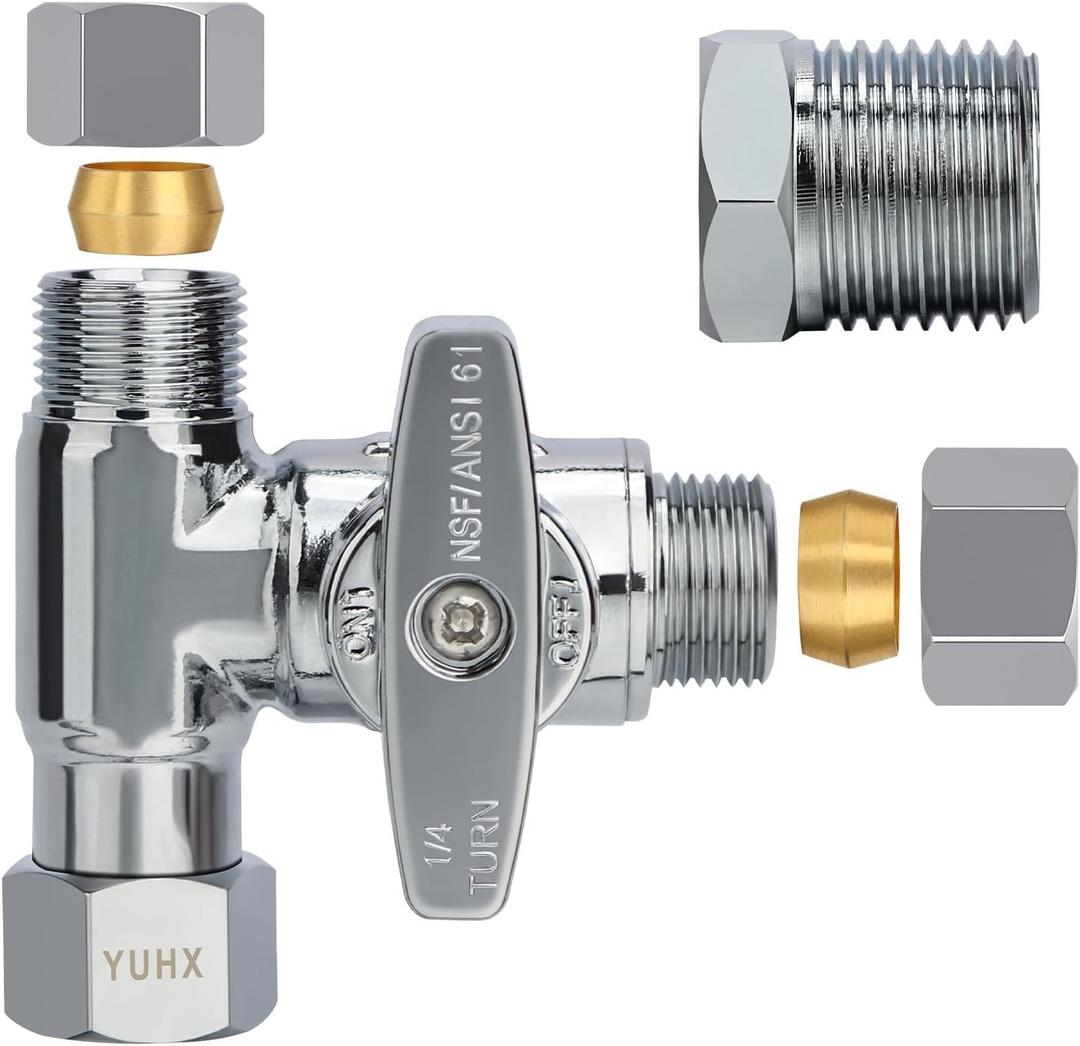 YUHX Brass Angle Stop Add-A-Tee Valve for TOTO Washlet Bidet and Handheld Sprayer, 3/8 Inch Compression Shut Off 3 Way Diverter Connector, 3/8 x3/8"x3/8" or 1/2" Toilet T Adapter