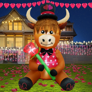 inslife 5FT Tall Valentine's Day Inflatable Highland Cow Holding a Rose, Blow Up Valentine's Day Outdoor Decoration Built-in 3 Led Lights for Wedding Propose Indoor Yard Party Supplies