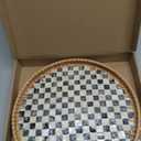 Round Rattan Tray with Mother of Pearl Inlay, Rattan Serving Tray for Coffee, Bread, Fruits, Decorative Wicker Tray for Table Decor, Home Decor, Kitchen Island Decor(Black Checkerboard, 11.8")