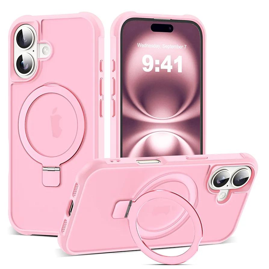 Compatible with iPhone 16 Case for iPhone 16 6.1" Pink | with Invisible Magnetic O-Ring Stand, Military-Grade, Translucent Case, Compatible with Mag-Safe, Great Grip Feeling
