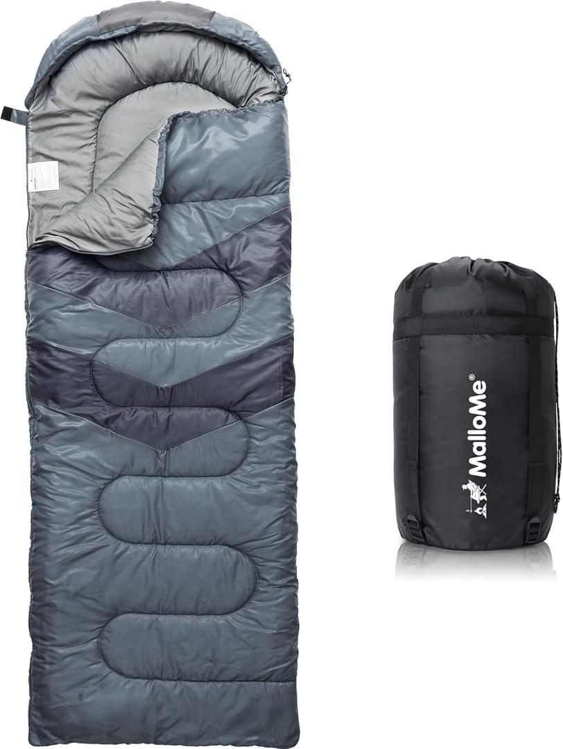 MalloMe Sleeping Bags for Adults Cold Weather & Warm - Backpacking Camping Sleeping Bag for Kids 10-12, Girls, Boys - Lightweight Compact Camping Essentials Gear Accessories Hiking Sleep Must Haves (50-80F Everyday 3 Season - Gray)