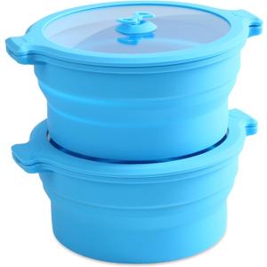Collapsible Silicone Microwave Cookware Cooker Steamer for Cooking with Lids, 1.4L Glass Food Storage Container Sealed Bowl Mixing Bowls 2pc Set BPA Free (Blue)