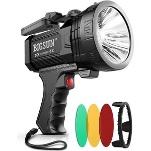 BIGSUN Q953 Rechargeable LED Spotlight, High Lumens 1600000 Flashlight with 10000mAh Battery & COB Floodlight Outdoor Search Light for Camping,Hunting,3Color Lens