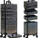 AROUS Rolling Makeup Train Case 5 in 1 Cosmetology Case on Wheels Large Cosmetic Organizer Travel Cart for Hairstylist Artist Nail Beauty Salon Barber,Black