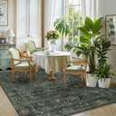 6x9 Floral Washable Area Rug for Living Room, Vintage Boho Large Rug for Bedroom Dining Room Distressed Botanical Birds Non Slip Low Pile Forest Animal Throw Carpet for Farmhouse Office, Dark Green
