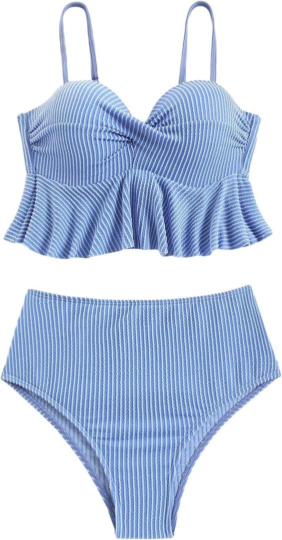 SHENHE Women's Push Up Tankini Swimsuit Tummy Control High Waisted Ruffle Hem Bathing Suit (Large, Blue)