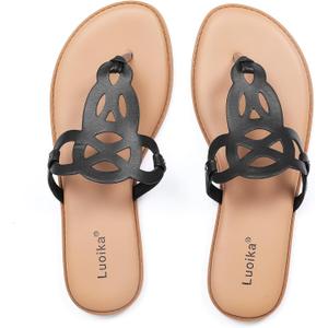 Luoika Women's Wide Width Flat Slides Sandals, Flip Flop Strappy Thong Sandals Comfortable Summer Beach Shoes for Women. (8.5 X-Wide, Black)