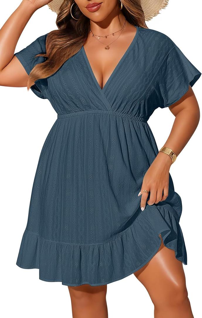 Yonique Plus Size Swimsuit Cover Up Women - V Neck Swimwear Short Sleeve Coverups Ruffle Hem Beach Dress 2026 Teal 24W