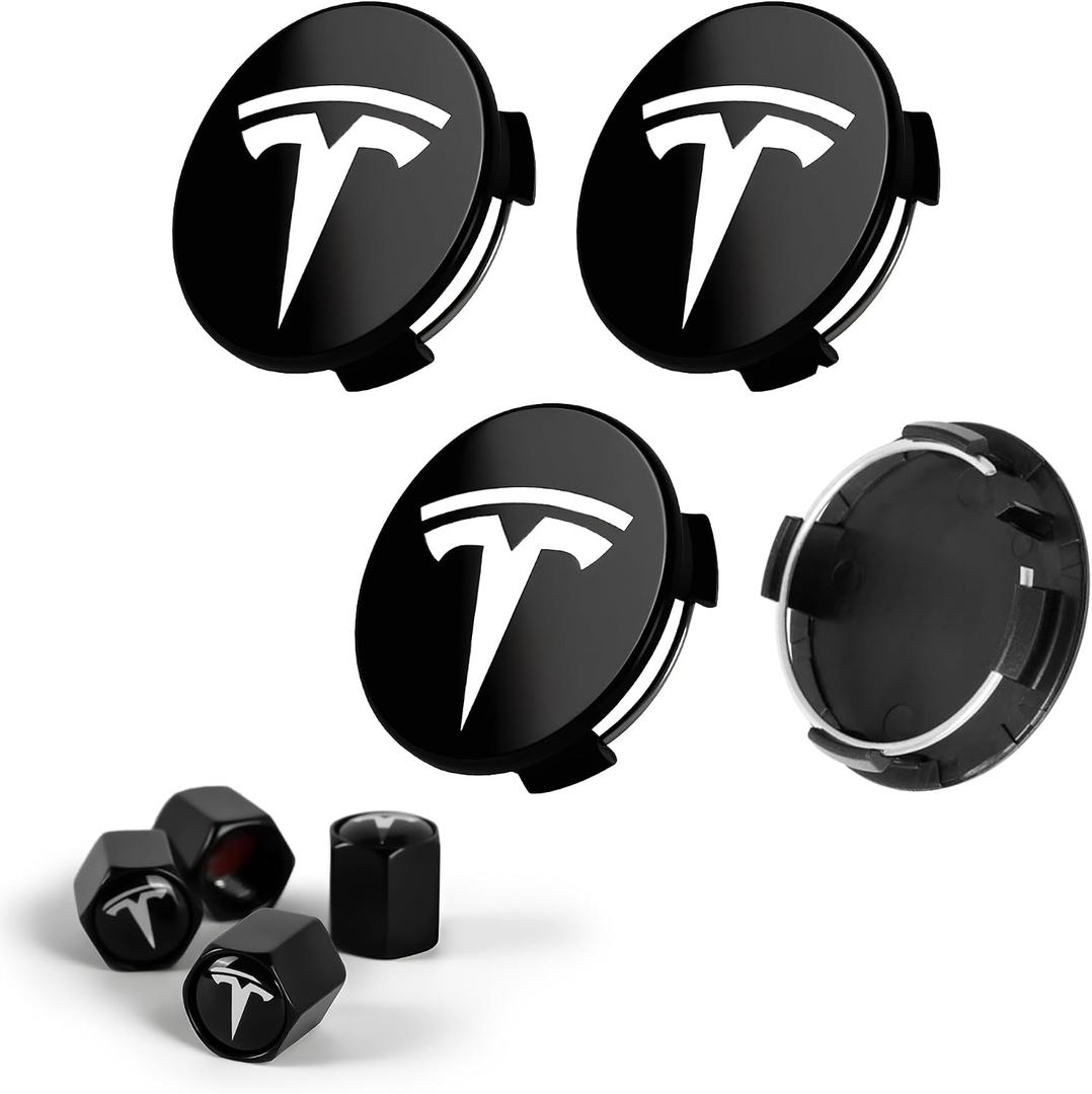 4 PCS Car Wheel Center Cap for Tesla Model Y & Model 3, Car Hubcaps with Logo Emblem and 4 Valve Stem Caps, 2.2 in ABS Wheel Rim Cover Accessories for Tesla 18"/19" Wheel, Black & Silver