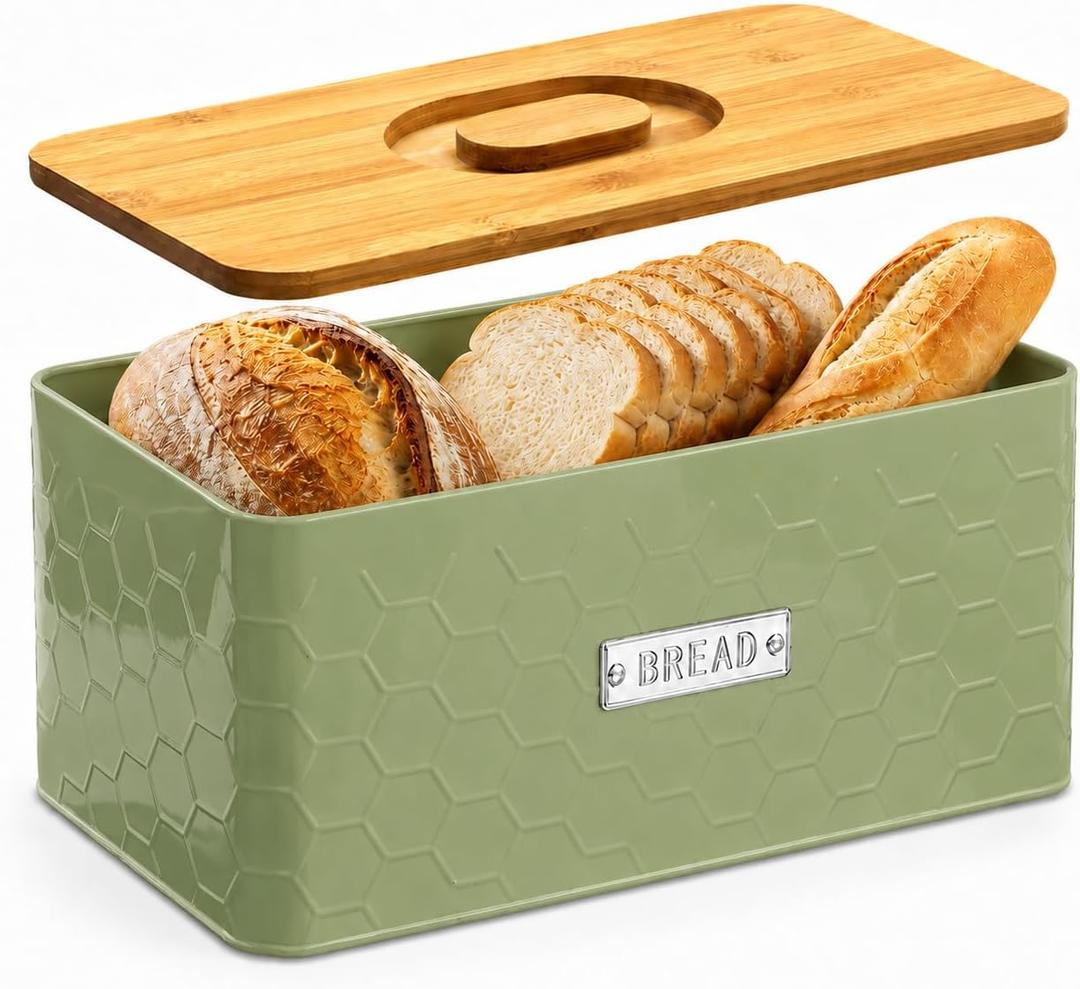 vensovo Bread Box for Countertop – Large Green Metal Bread Bin with Bamboo Cutting Board Lid, Farmhouse Bread Storage Container for Homemade Bread, Baked Goods & Kitchen Counter Organization