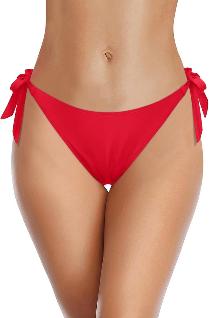 Tempt Me Women Side Tie Bikini Bottoms - String Swim Bottoms Low Rise Bathing Suit Bottoms Cheeky Coverage Swimwear 2025 (Small, Red)